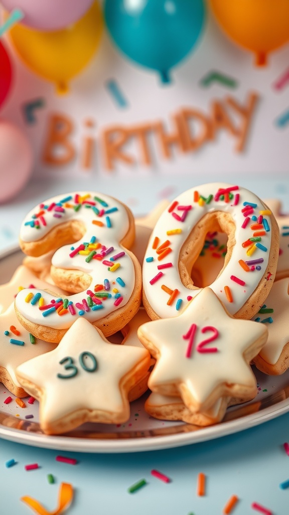A display of number 30 birthday cookies with colorful icing and sprinkles.
